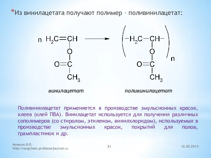 12.02.2013 Нижник Я.П. http://norgchem.professorjournal.ru Из винилацетата получают полимер – поливинилацетат: