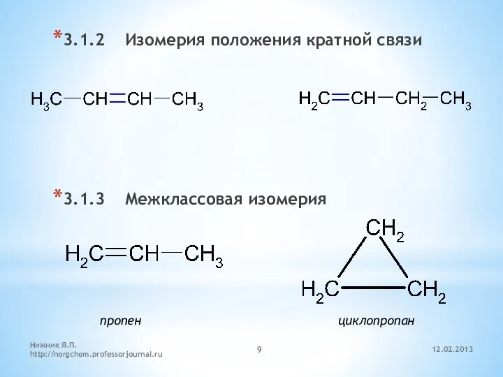 12.02.2013 Нижник Я.П. http://norgchem.professorjournal.ru 3.1.2 Изомерия положения кратной связи 3.1.3 Межклассовая изомерия пропен циклопропан