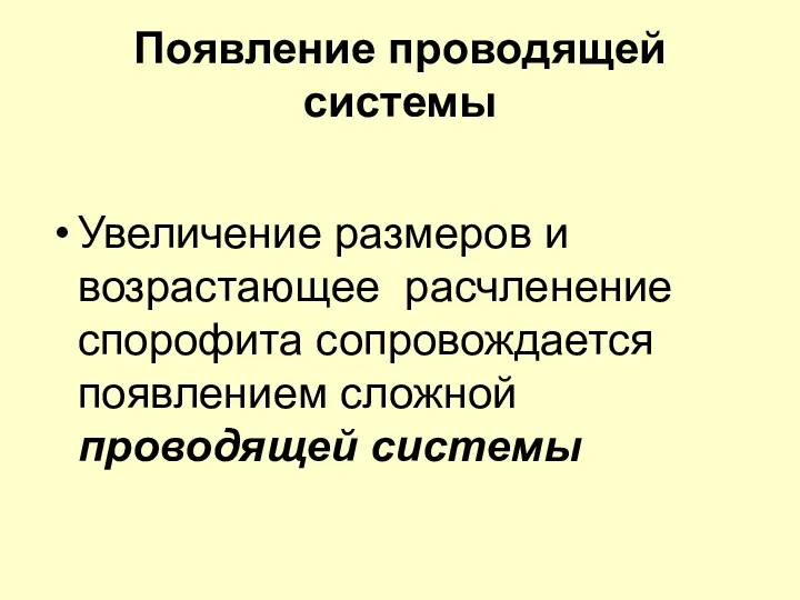 Появление проводящей системы Увеличение размеров и возрастающее расчленение спорофита сопровождается появлением сложной проводящей системы