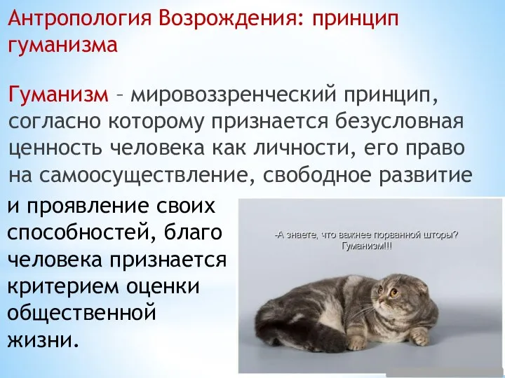 Антропология Возрождения: принцип гуманизма Гуманизм – мировоззренческий принцип, согласно которому