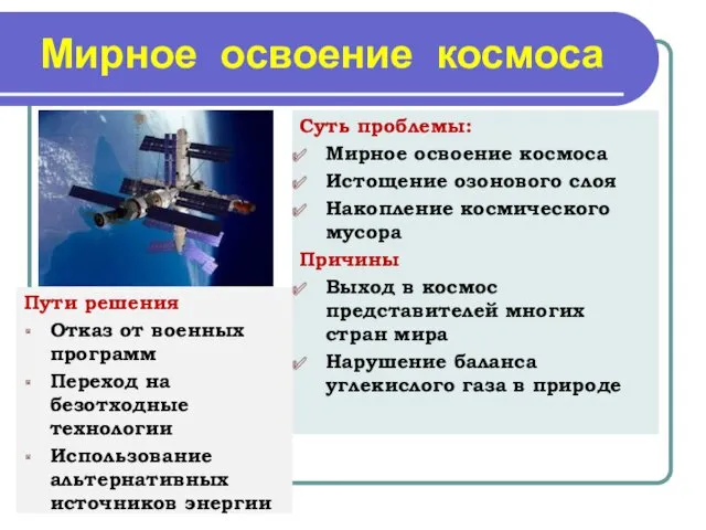 Мирное освоение космоса Суть проблемы: Мирное освоение космоса Истощение озонового слоя Накопление космического