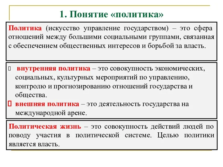 1. Понятие «политика» Политика (искусство управление государством) – это сфера