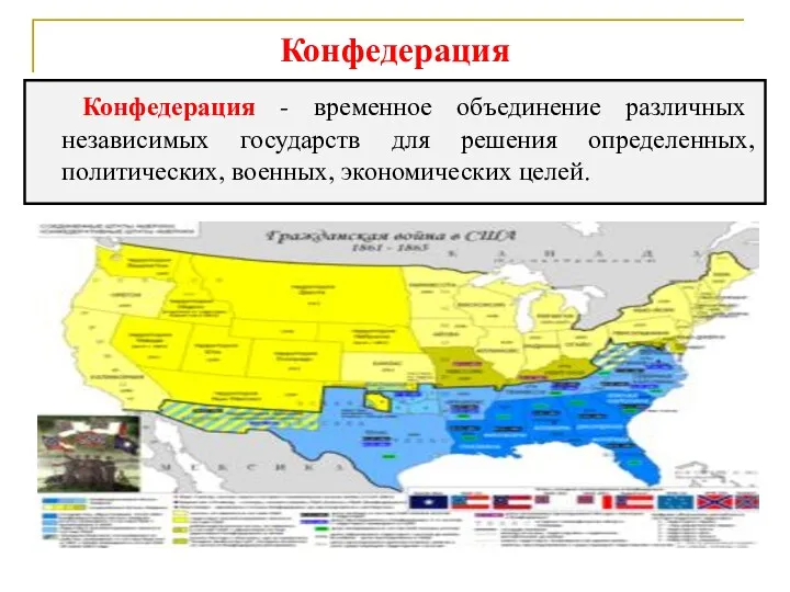 Конфедерация Конфедерация - временное объединение различных независимых государств для решения определенных, политических, военных, экономических целей.