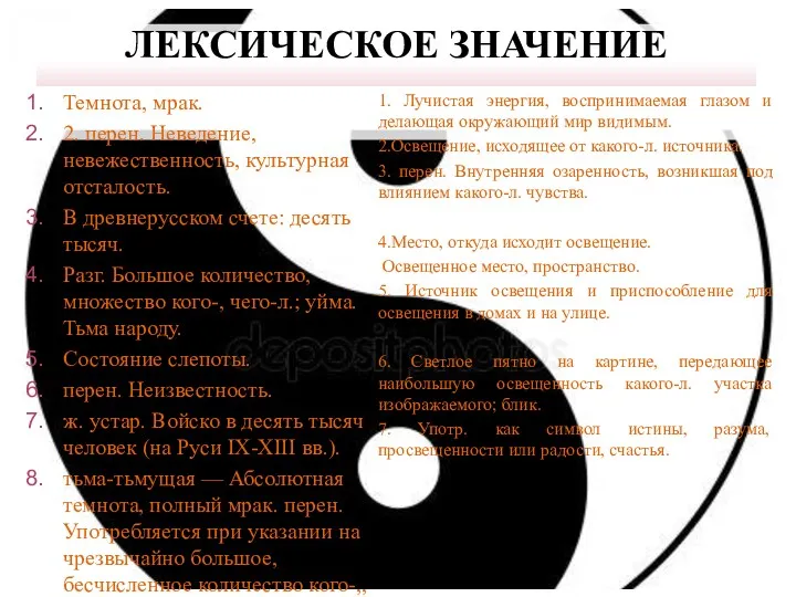 ЛЕКСИЧЕСКОЕ ЗНАЧЕНИЕ Темнота, мрак. 2. перен. Неведение, невежественность, культурная отсталость.