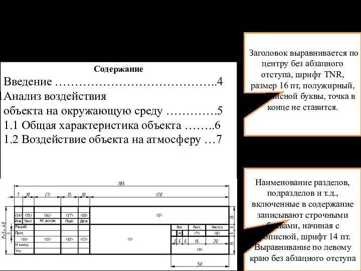 ТРЕБОВАНИЯ К ОФОРМЛЕНИЮ СОДЕРЖАНИЯ Содержание Введение …………………………………..4 Анализ воздействия объекта