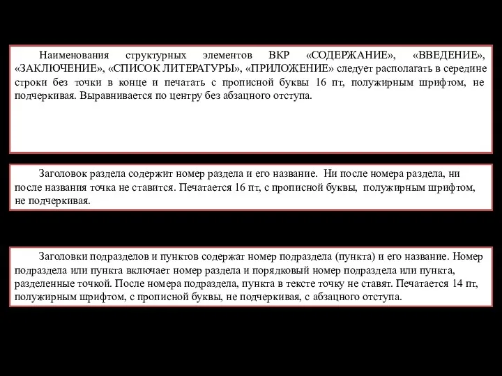 Наименования структурных элементов ВКР «СОДЕРЖАНИЕ», «ВВЕДЕНИЕ», «ЗАКЛЮЧЕНИЕ», «СПИСОК ЛИТЕРАТУРЫ», «ПРИЛОЖЕНИЕ»