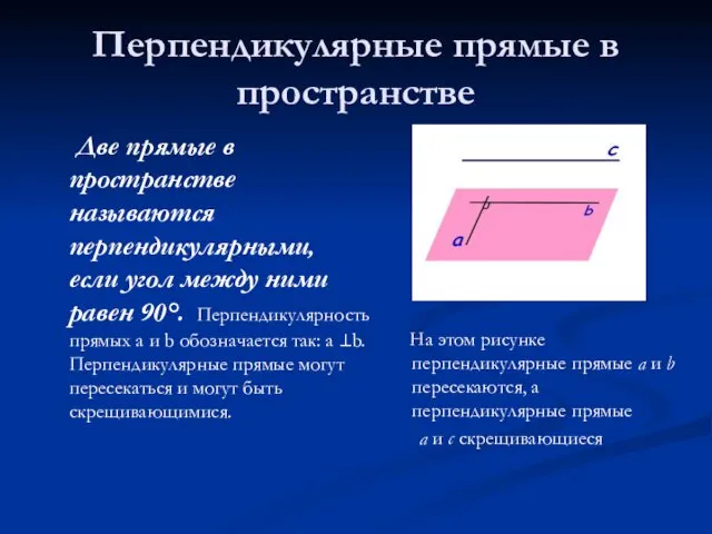 Перпендикулярные прямые в пространстве Две прямые в пространстве называются перпендикулярными,