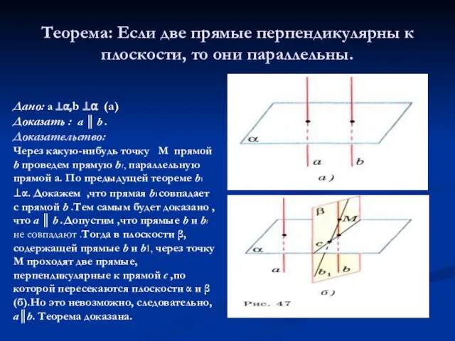 Теорема: Если две прямые перпендикулярны к плоскости, то они параллельны.