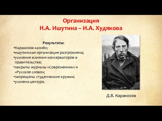 Организация Н.А. Ишутина – И.А. Худякова Д.В. Каракозов Результаты: Каракозов