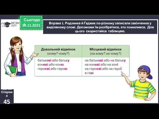 19.11.2021 Сьогодні Вправа 1. Родзинка й Ґаджик по-різному записали закінчення