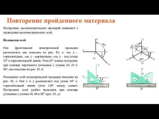 Повторение пройденного материала Построение аксонометрических проекций начинают с проведения аксонометрических осей. Положение осей