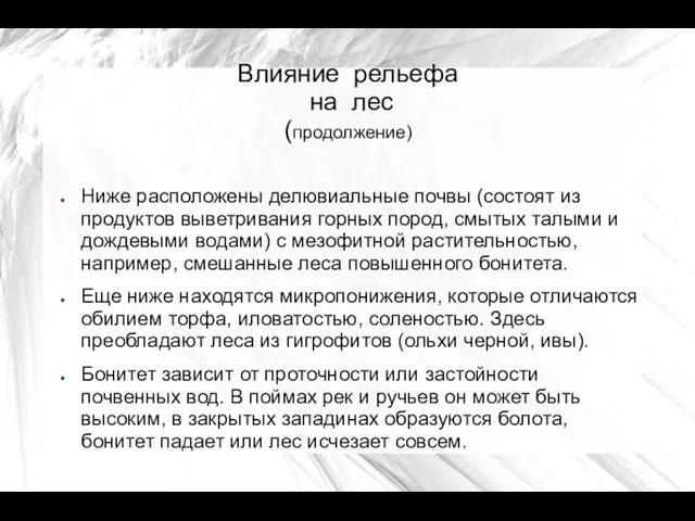 Влияние рельефа на лес (продолжение) Ниже расположены делювиальные почвы (состоят