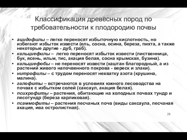 Классификация древесных пород по требовательности к плодородию почвы ацидофилы –