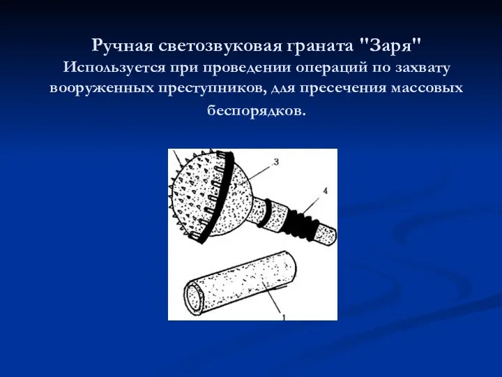 Ручная светозвуковая граната "Заря" Используется при проведении операций по захвату вооруженных преступников, для пресечения массовых беспорядков.