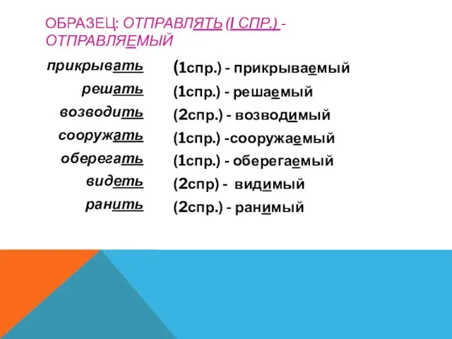 ОБРАЗЕЦ: ОТПРАВЛЯТЬ (I СПР.) - ОТПРАВЛЯЕМЫЙ прикрывать решать возводить сооружать