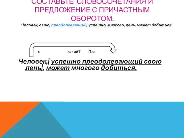 СОСТАВЬТЕ СЛОВОСОЧЕТАНИЯ И ПРЕДЛОЖЕНИЕ С ПРИЧАСТНЫМ ОБОРОТОМ. Человек, свою, преодолевающий,