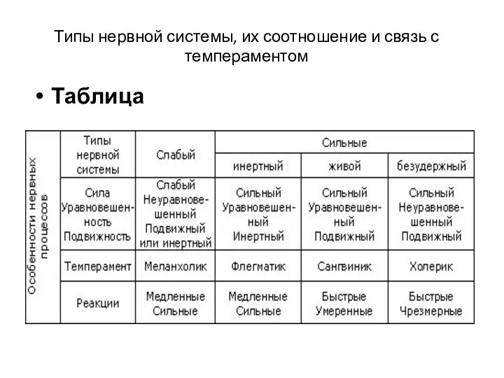 Типы нервной системы, их соотношение и связь с темпераментом Таблица