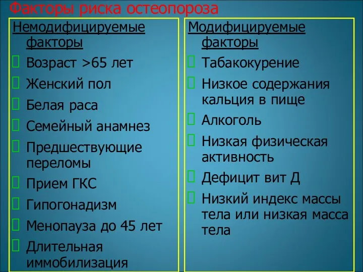 Факторы риска остеопороза Немодифицируемые факторы Возраст >65 лет Женский пол