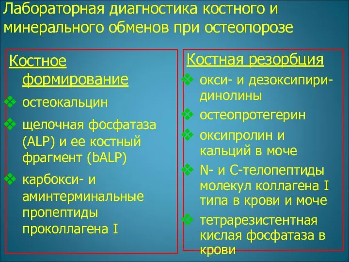 Лабораторная диагностика костного и минерального обменов при остеопорозе Костное формирование