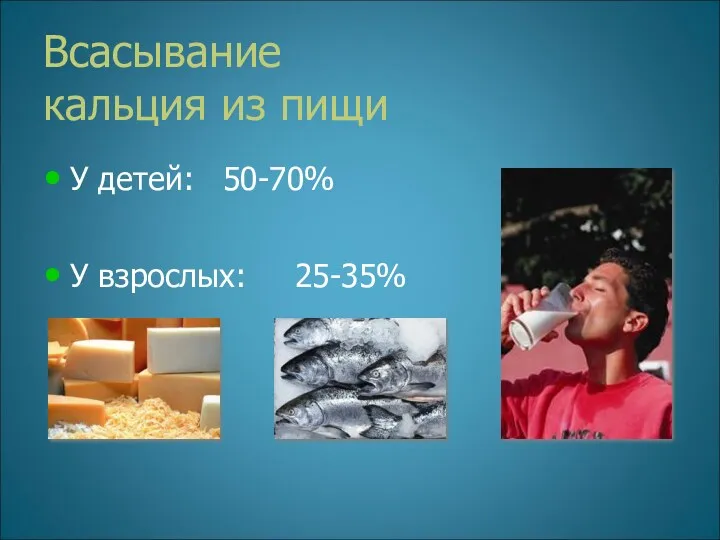 Всасывание кальция из пищи У детей: 50-70% У взрослых: 25-35%