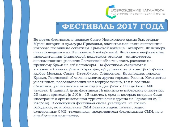 ФЕСТИВАЛЬ 2017 ГОДА Во время фестиваля в подвале Свято-Никольского храма