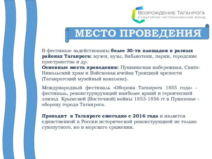 МЕСТО ПРОВЕДЕНИЯ В фестивале задействованы более 30-ти площадок в разных