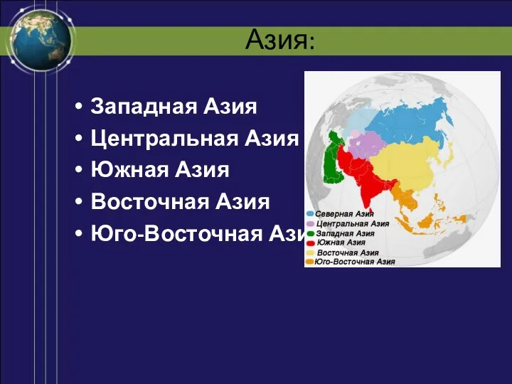 Азия: Западная Азия Центральная Азия Южная Азия Восточная Азия Юго-Восточная Азия