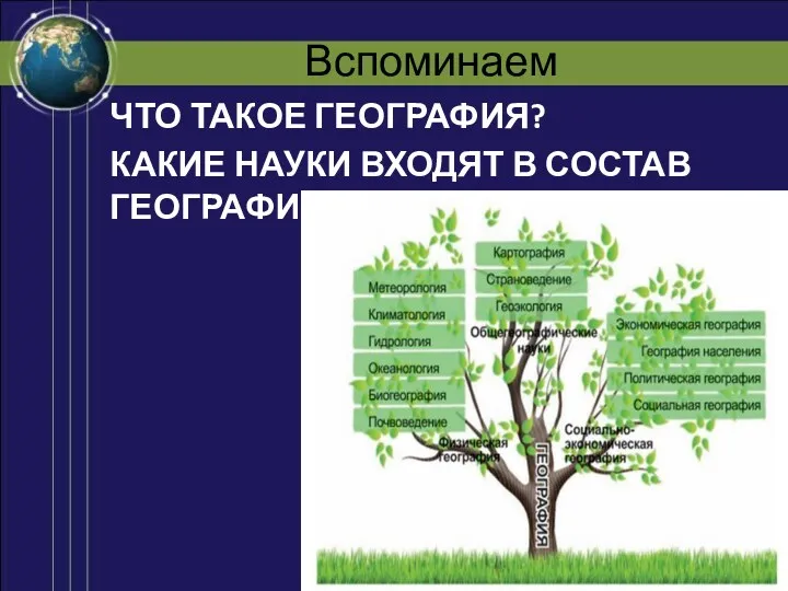 Вспоминаем ЧТО ТАКОЕ ГЕОГРАФИЯ? КАКИЕ НАУКИ ВХОДЯТ В СОСТАВ ГЕОГРАФИИ?