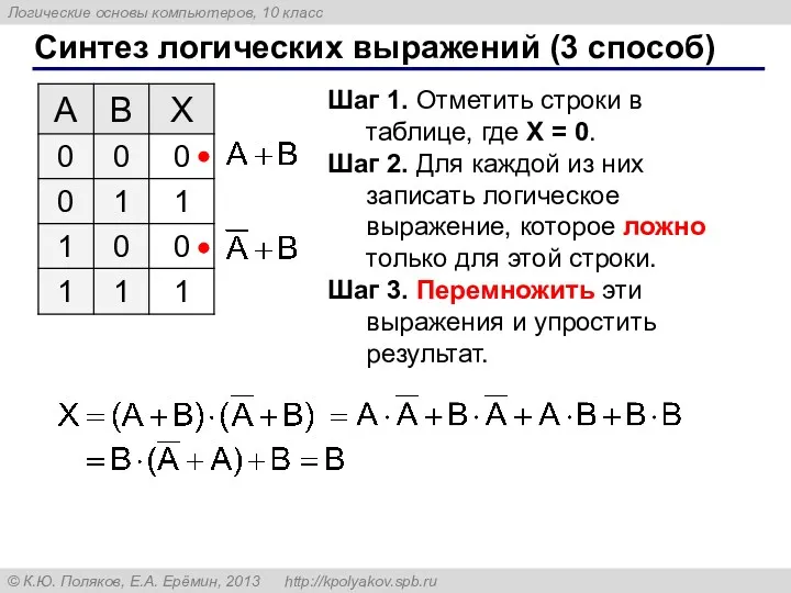 Синтез логических выражений (3 способ) Шаг 1. Отметить строки в