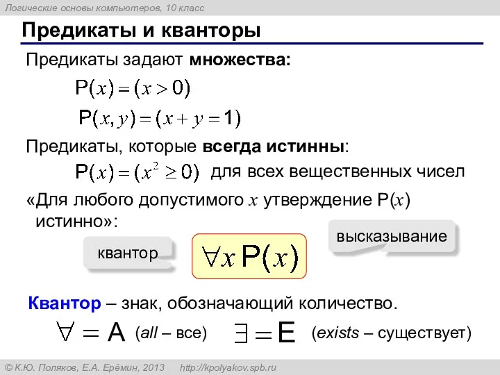 Предикаты и кванторы Предикаты задают множества: Предикаты, которые всегда истинны: