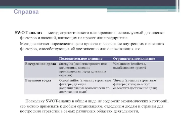 SWOT-анализ — метод стратегического планирования, используемый для оценки факторов и