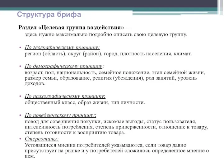 Раздел «Целевая группа воздействия» — здесь нужно максимально подробно описать