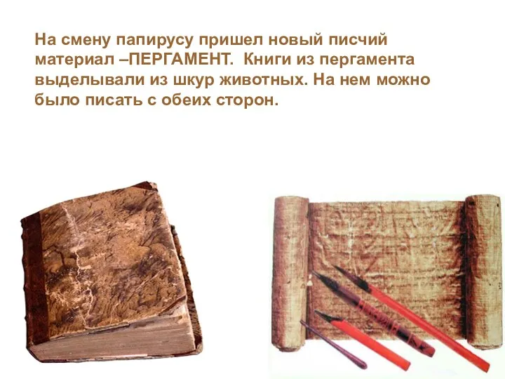 На смену папирусу пришел новый писчий материал –ПЕРГАМЕНТ. Книги из
