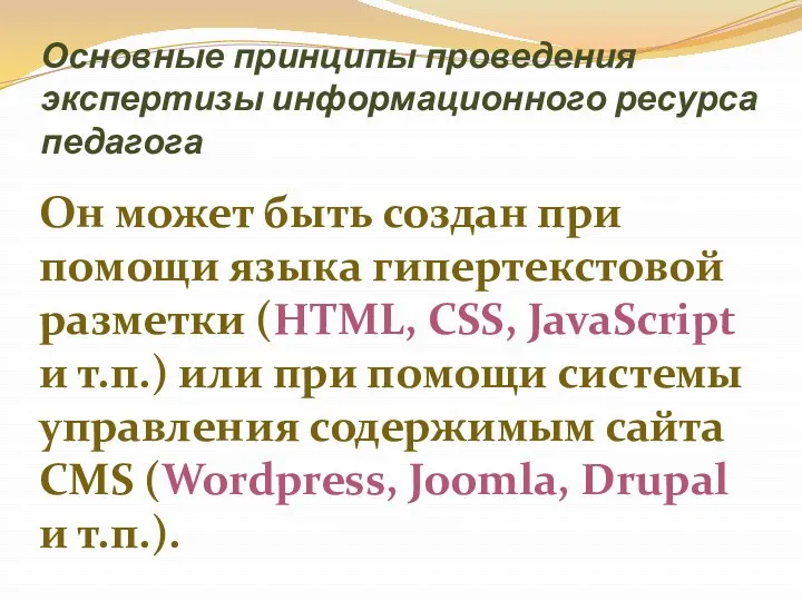 Основные принципы проведения экспертизы информационного ресурса педагога Он может быть