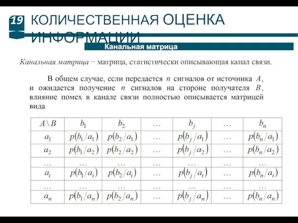 19 Канальная матрица КОЛИЧЕСТВЕННАЯ ОЦЕНКА ИНФОРМАЦИИ Канальная матрица − матрица, статистически описывающая канал связи.