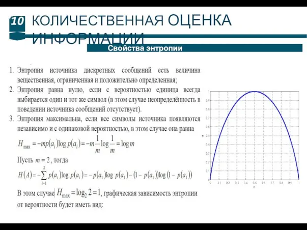 10 Свойства энтропии КОЛИЧЕСТВЕННАЯ ОЦЕНКА ИНФОРМАЦИИ