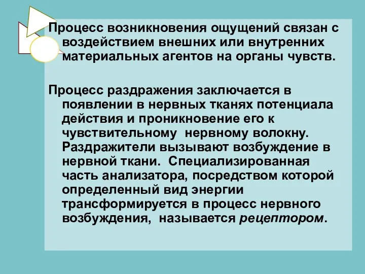 Процесс возникновения ощущений связан с воздействием внешних или внутренних материальных