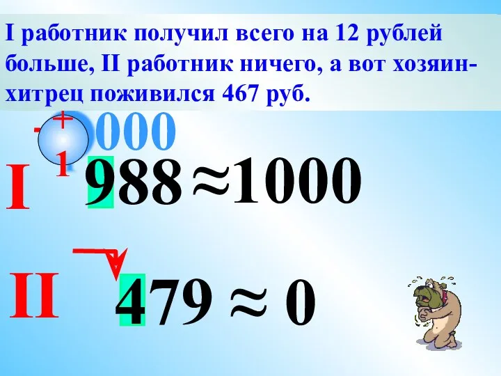 988 ≈1000 000 479 ≈ 0 +1 Хитрый хозяин предложил