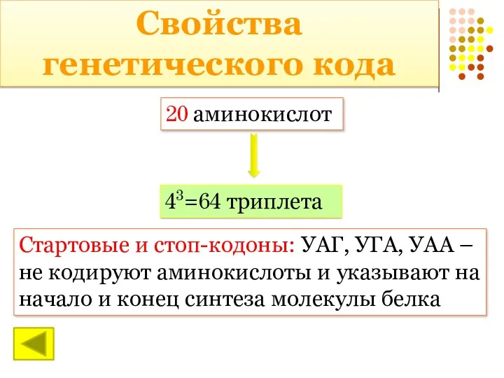 Свойства генетического кода 20 аминокислот 43=64 триплета Стартовые и стоп-кодоны: