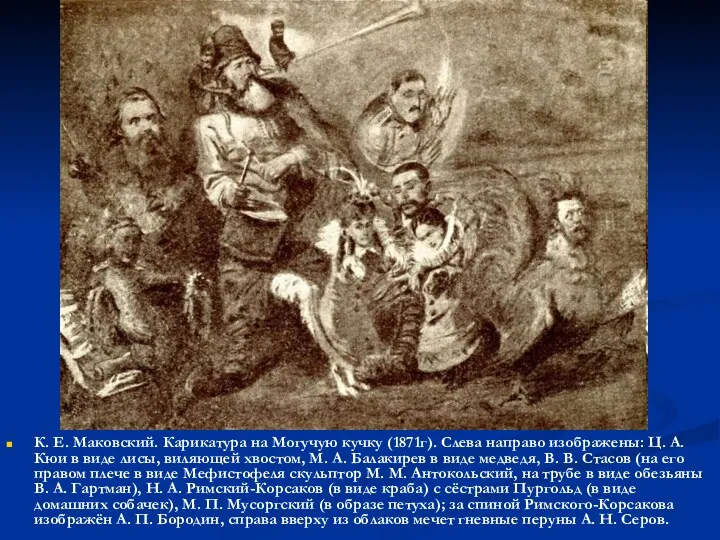 К. Е. Маковский. Карикатура на Могучую кучку (1871г). Слева направо изображены: Ц. А.