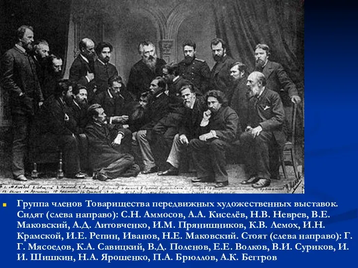 Группа членов Товарищества передвижных художественных выставок. Сидят (слева направо): С.Н. Аммосов, А.А. Киселёв,