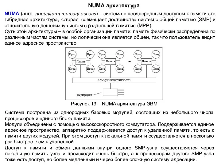 NUMA архитектура NUMA (англ. nonuniform memory access) – система с