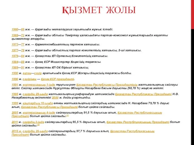 ҚЫЗМЕТ ЖОЛЫ 1960—69 жж. — Қарағанды металлургия зауытында жұмыс істеді.