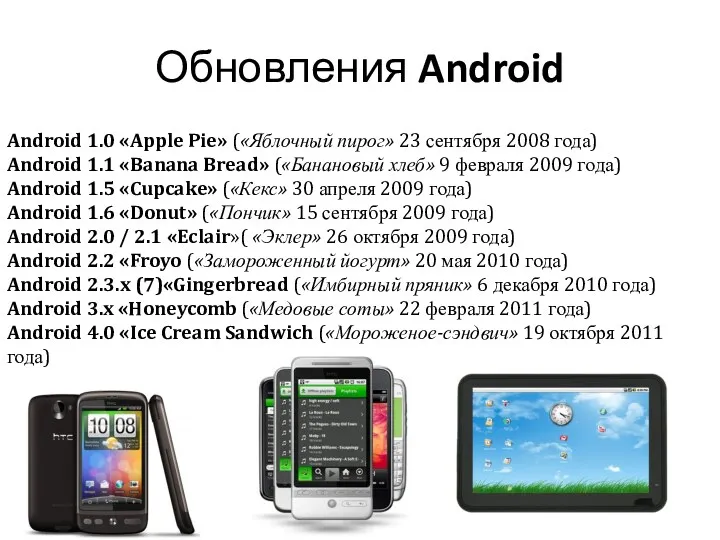 Обновления Android Android 1.0 «Apple Pie» («Яблочный пирог» 23 сентября 2008 года) Android