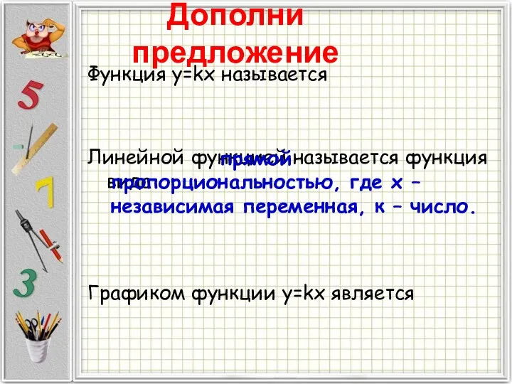 Функция y=kx называется Линейной функцией называется функция вида Графиком функции