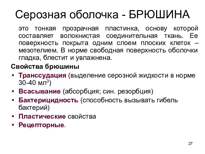 Серозная оболочка - БРЮШИНА это тонкая прозрачная пластинка, основу которой составляет волокнистая соединительная