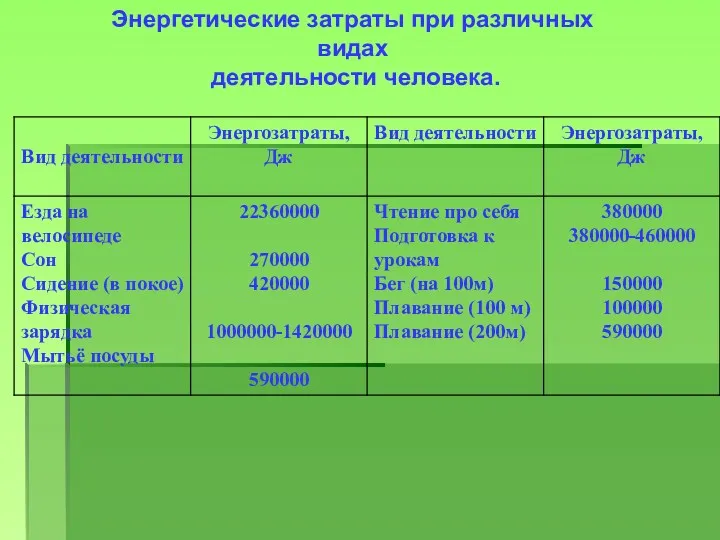 Энергетические затраты при различных видах деятельности человека.