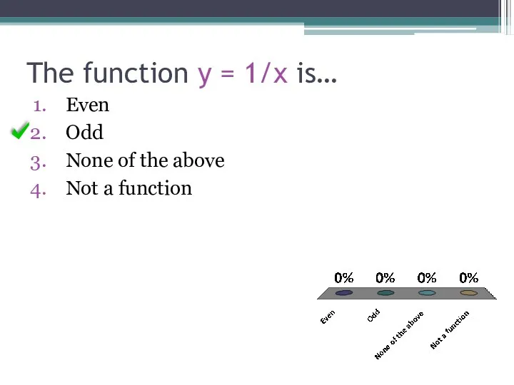 The function y = 1/x is… Even Odd None of the above Not a function