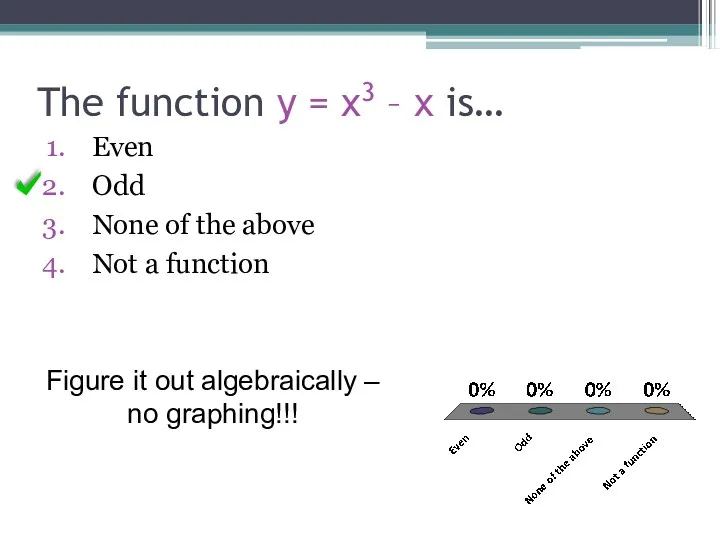 The function y = x3 – x is… Even Odd