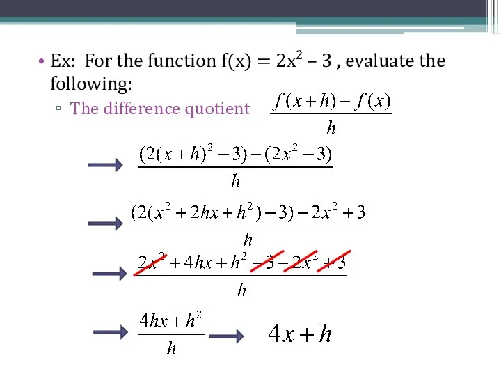 Ex: For the function f(x) = 2x2 – 3 , evaluate the following: The difference quotient